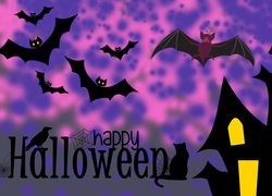 Upiorny zamek z nietoperzami i napisem Happy Halloween