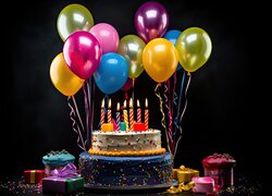Urodzinowy tort ze świeczkami i balonikami
