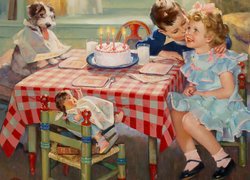 Malarstwo, Frederick Sands Brunner, Urodziny, Dzieci, Tort, Całus