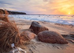 Morze, Plaża, Trawa, Kamienie, Wschód słońca