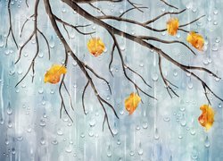 Uschnięte liście na gałęzi w deszczu