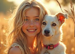 Blondynka, Dziewczyna, Pies, Łąka