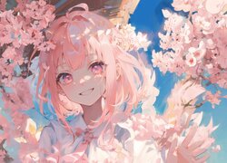 Uśmiechnięta dziewczyna różowowłosa w anime