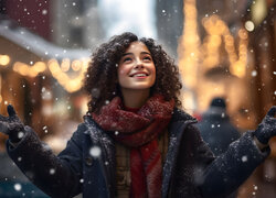 Uśmiechnięta dziewczyna z kręconymi włosami w padającym śniegu