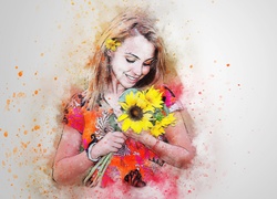 Kobieta, Słoneczniki, Paintography