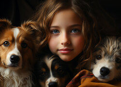 Uśmiechnięta dziewczynka i trzy psy