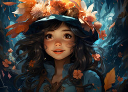 Uśmiechnięta dziewczynka w kapeluszu z kwiatami