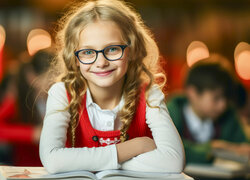Uśmiechnięta dziewczynka w okularach nad książką