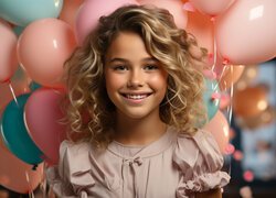 Uśmiechnięta dziewczynka z blond włosami na tle balonów
