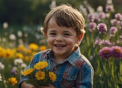 Uśmiechnięty chłopiec wśród łąkowych kwiatów