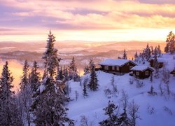 Zachód słońca, Zima, Drzewa, Domy, Valdres, Norwegia