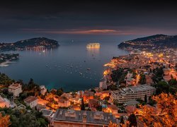 Noc, Morze, Zatoka, Oświetlone, Miasto, Villefranche sur Mer, Statek, Francja