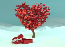 Walentynkowa grafika z serduszkami na drzewie i prezentem w 3D
