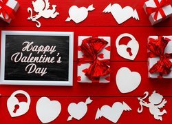 Walentynki, Prezenty, Serduszka, Napis, Happy Valentine\