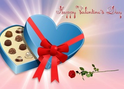 Walentynkowe życzenia z czekoladkami i różą