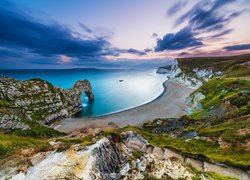 Anglia, Morze, Wybrzeże Jurajskie, Skały, Plaża, Łuk wapienny, Durdle Door, Brzeg, Wschód słońca