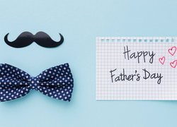 Dzień Ojca, Wąsy, Muszka, Kartka, Napis, Happy Fathers Day, Niebieskie, Tło