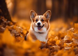 Welsh corgi pembroke siedzący na pożółkłych liściach