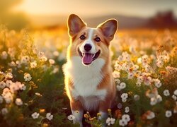 Welsh corgi pembroke wśród kwiatów na łące