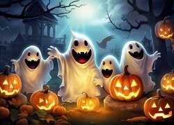 Halloween, Dynie, Wesołe, Duchy, Noc, Grafika