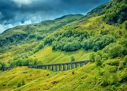 Most, Wiadukt, Glen Ogle Viaduct, Góry, Drzewa, Trawa, Szkocja