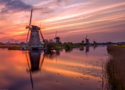 Holandia, Zachód słońca, Wiatraki, Rzeka