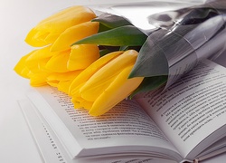 Wiązanka żółtych tulipanów na książce