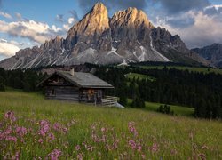 Włochy, Góry, Góra Peitlerkofel, Las, Drzewa, Łąka, Dom, Chmury, Przełęcz Wurzjoch, Południowy Tyrol, Włochy