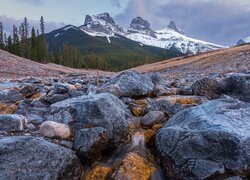 Kanada, Alberta, Góry, Canadian Rockies, Góra, Three Sisters, Kamienie, Potok, Drzewa