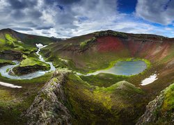 Góry, Chmury, Rzeka, Jeziora, Skały, Roślinność, Rezerwat przyrody, Region Fjallabak, Islandia