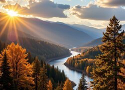 Widok na jesienne drzewa i górską rzekę