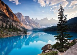Kanada, Prowincja Alberta, Park Narodowy Banff, Jezioro Moraine, Drzewa, Góry