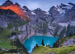 Szwajcaria, Góry, Alpy Berneńskie, Kanton Berno, Jezioro Oeschinen, Drzewa, Roślinność
