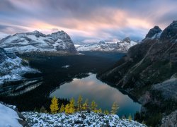 Kanada, Kolumbia Brytyjska, Park Narodowy Yoho, Jezioro, Lake OHara, Góry, Canadian Rockies, Las, Drzewa, Zima, Chmury