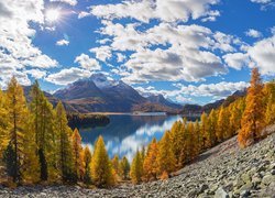 Widok na jezioro Silsersee i szczyt Piz da la Margna w Szwajcarii