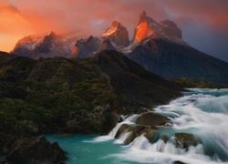 Chile, Andy, Góry, Zachód słońca, Wodospad, Rzeka, Park Narodowy Torres del Paine