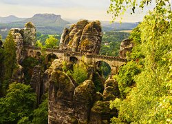 Widok na most i formację skalną Bastei w Niemczech
