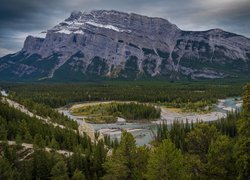 Góry, Rzeka, Bow River, Drzewa, Świerki, Park Narodowy Banff, Alberta, Kanada