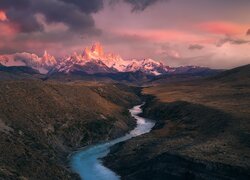 Wschód słońca, Góry, Chmury, Rzeka, Skarpa, Park Narodowy Los Glaciares, Argentyna