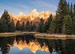 Stany Zjednoczone, Stan Wyoming, Park Narodowy Grand Teton, Rzeka Snake River, Góry Teton Range, Odbicie, Drzewa