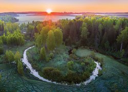 Wschód słońca, Drzewa, Roślinność, Rzeka, Uzola, Obwód niżnonowogrodzki, Rosja