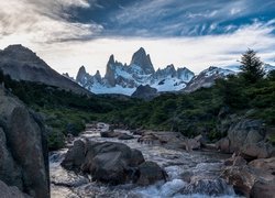 Argentyna, Chile, Pogranicze, Patagonia, Góry Andy, Szczyt Fitz Roy, Góry, Strumyk, Kamienie, Drzewa