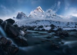 Nepal, Himalaje, Szczyt Ama Dablam, Zima, Góry, Rzeka, Kamienie