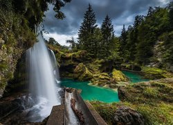 Austria, Rzeka Traun, Wodospad Traunfall, Skały, Omszałe, Kamienie, Drzewa