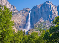 Park Narodowy Yosemite, Kalifornia, Stany Zjednoczone, Góry, Drzewa, Wodospad