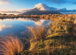 Nowa Zelandia, Góra, Taranaki, Park Narodowy Egmont, Staw Pouakai, Trawa, Chmury, Odbicie