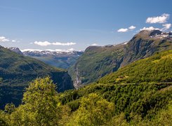 Norwegia, Góry, Lasy, Drzewa, Zbocza, Wodospad, De Syv sostrene, Fiord Geirangerfjord