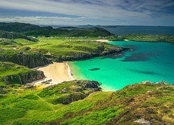 Morze, Zatoka, Achmelvich Bay, Góry, Skały, Plaża, Achmelvich Beach, Szkocja