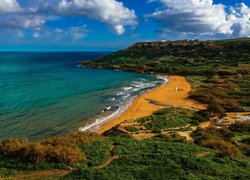 Morze, Wzgórza, Zatoka, Ramla Bay, Plaża Ramla Beach, Plaża Czerwonego Piasku, Wyspa Gozo, Malta