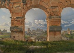 Widok pomiędzy łukami Koloseum na Rzym